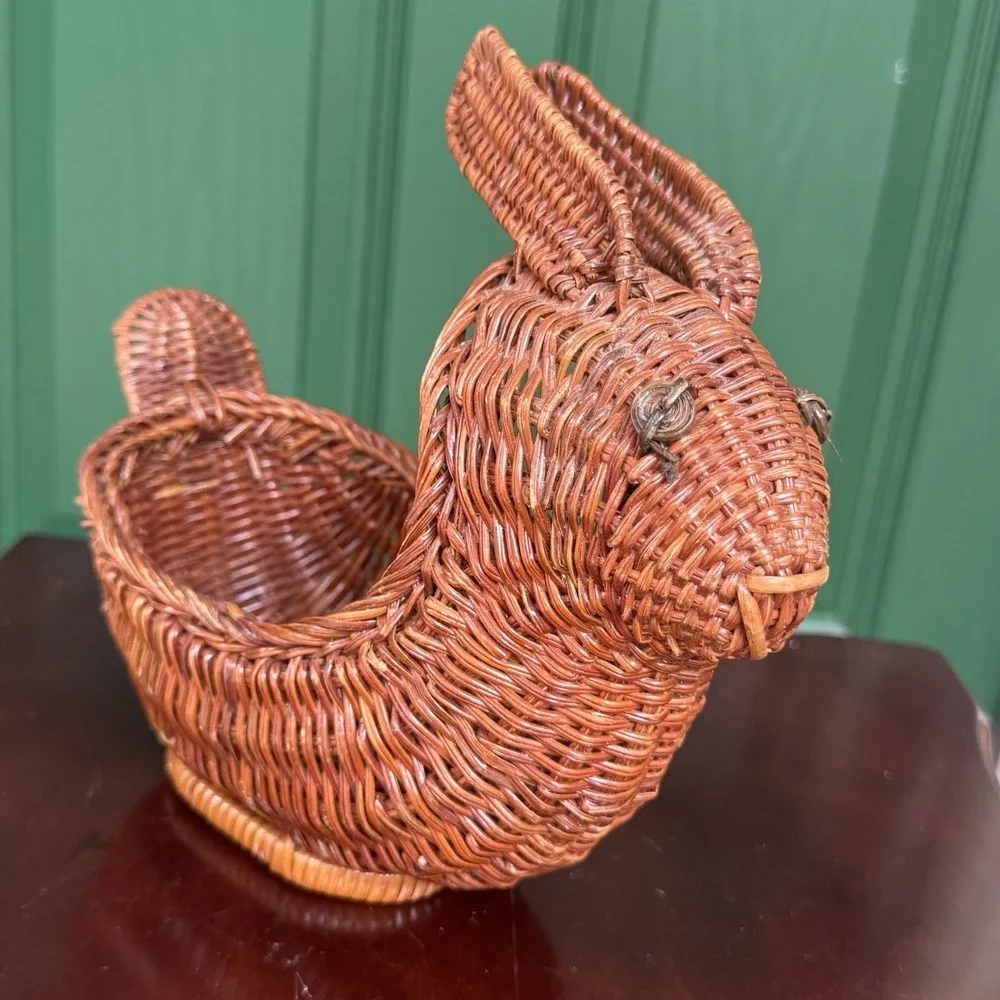Vintage Wicker Rattan Bunny Rabbit Planter Basket Cottagecore Retro Decor